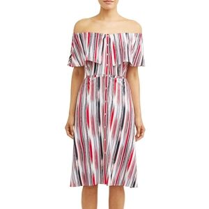 Off Shoulder Ruffle Top Stretch Knit  Midi